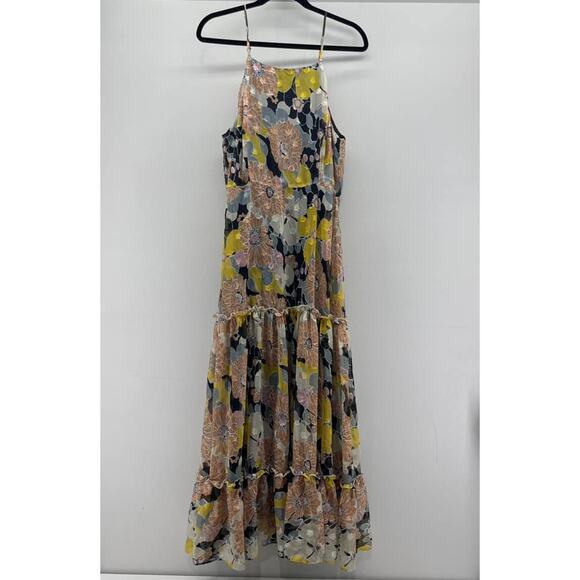Lulus Wonderful Memories Black Yellow Floral Jacquard Flowy Tiered Midi Dress‎ - Picture 3 of 8